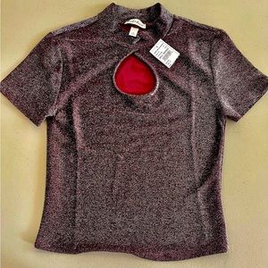 Derek heart blouse in glitter fabric background in burgundy and silver glitter